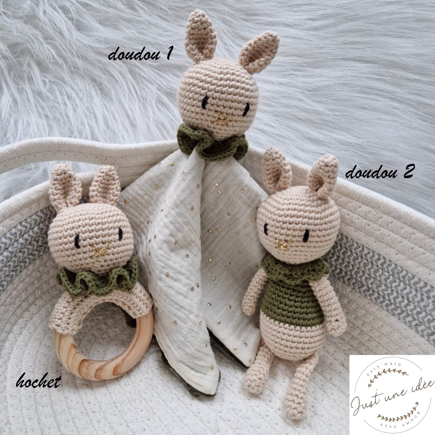 3❤ Doudou et hochet - Lapin Calin - collerette kaki