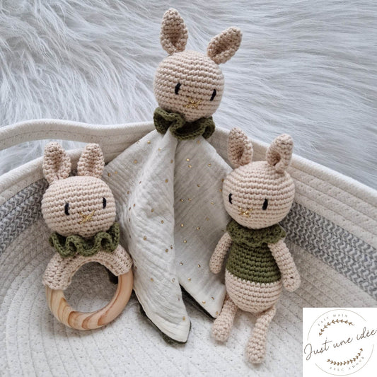 3❤ Doudou et hochet - Lapin Calin - collerette kaki