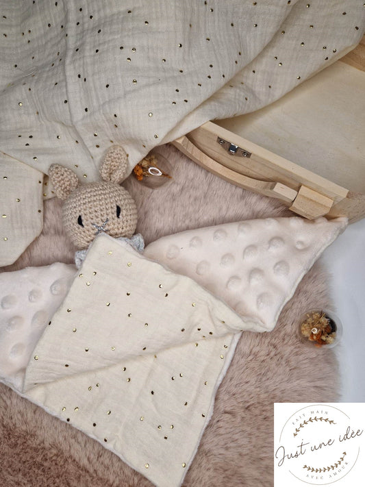 Doudou - Lapin Calin - collerette blanche fil pailletté